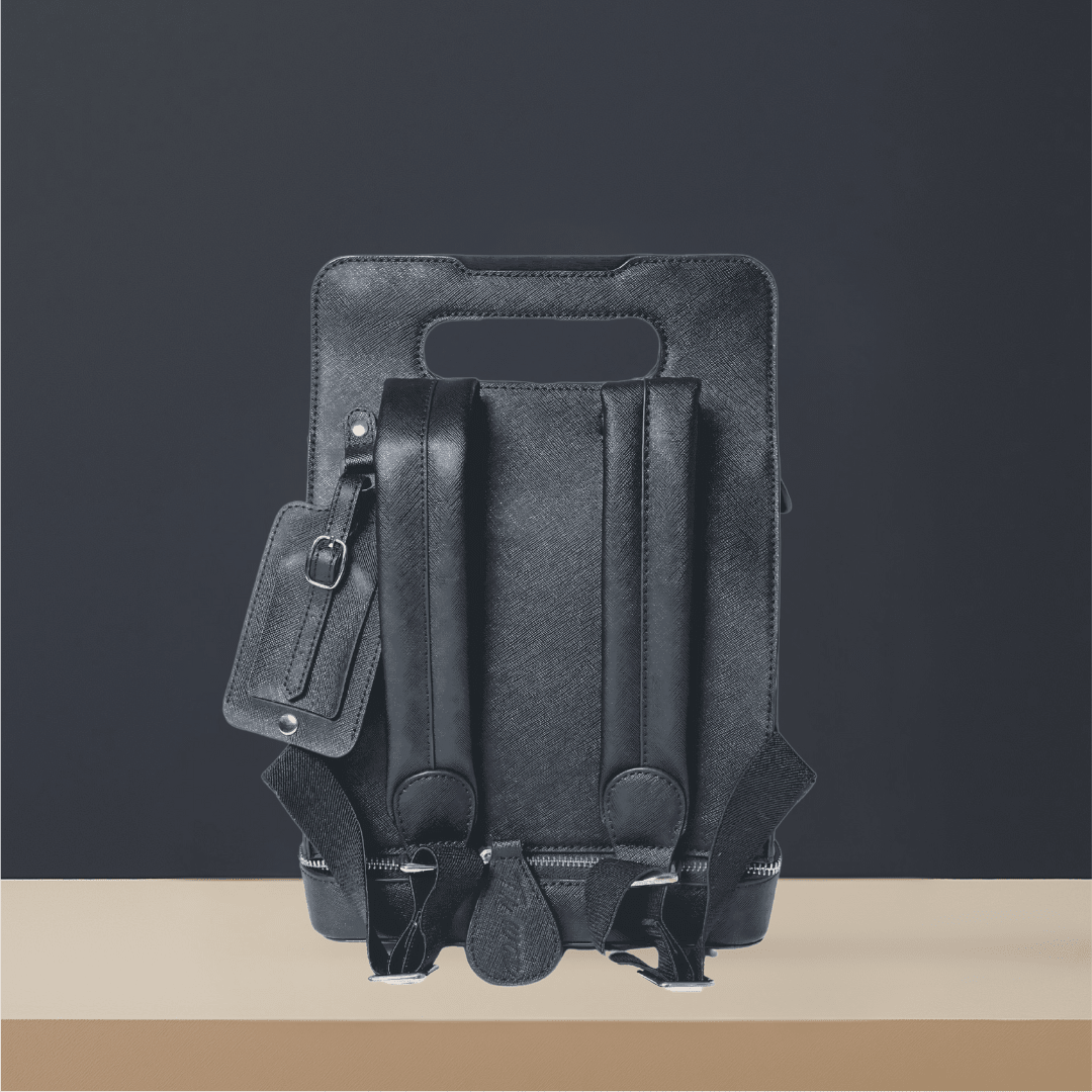 Tuwon luxury backpack in black leather placed in minimal setting, reflecting modern design and premium craftsmanship